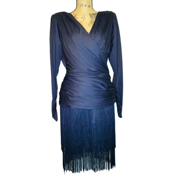 Vintage 80's Tadashi Fringe Rouched Surplice Cocktail Flapper style Dress Size 8 - Picture 2 of 12